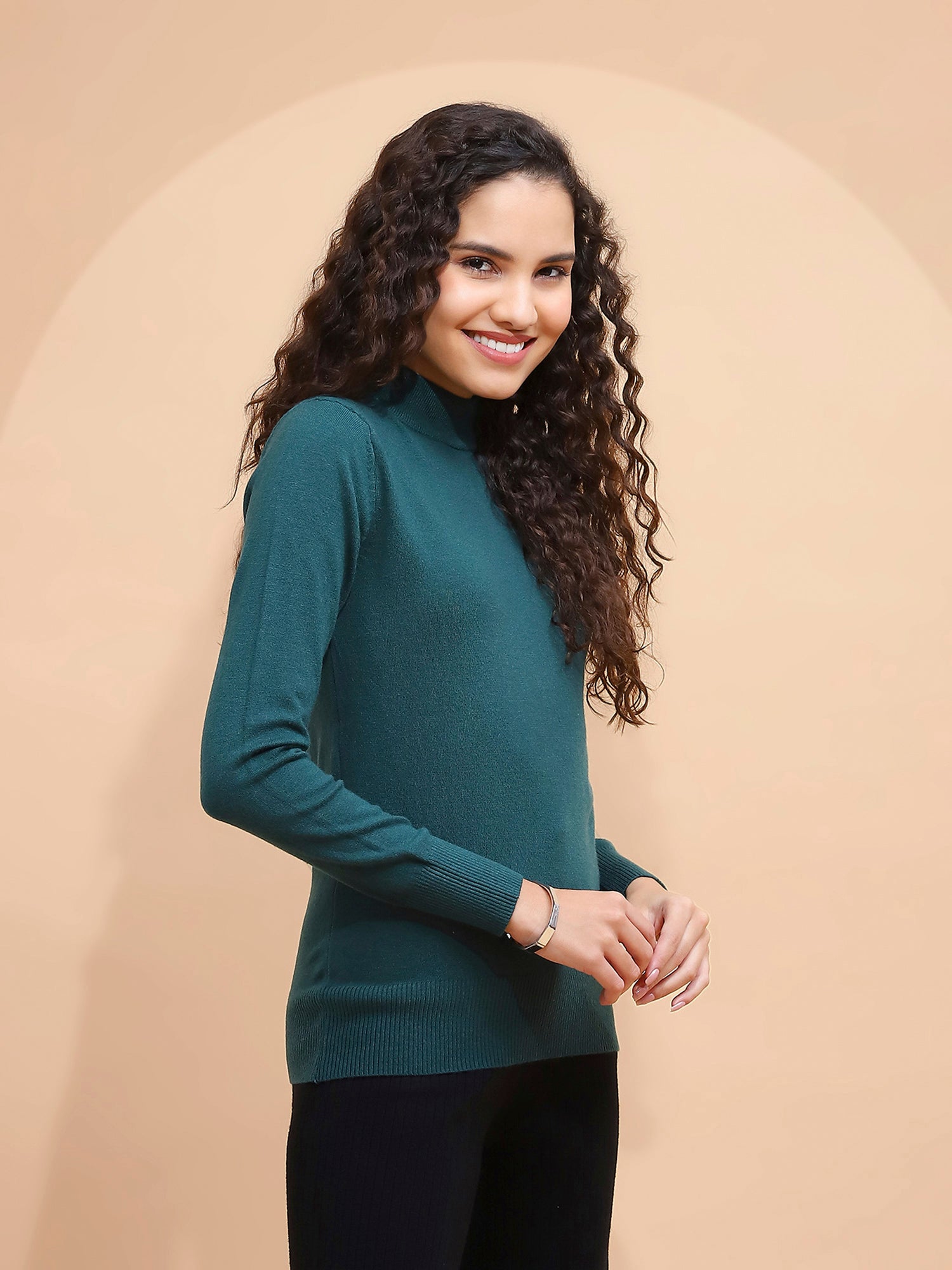 Women Bottle Green Turtle Neck Full Sleeve Snug Fit Skivvy