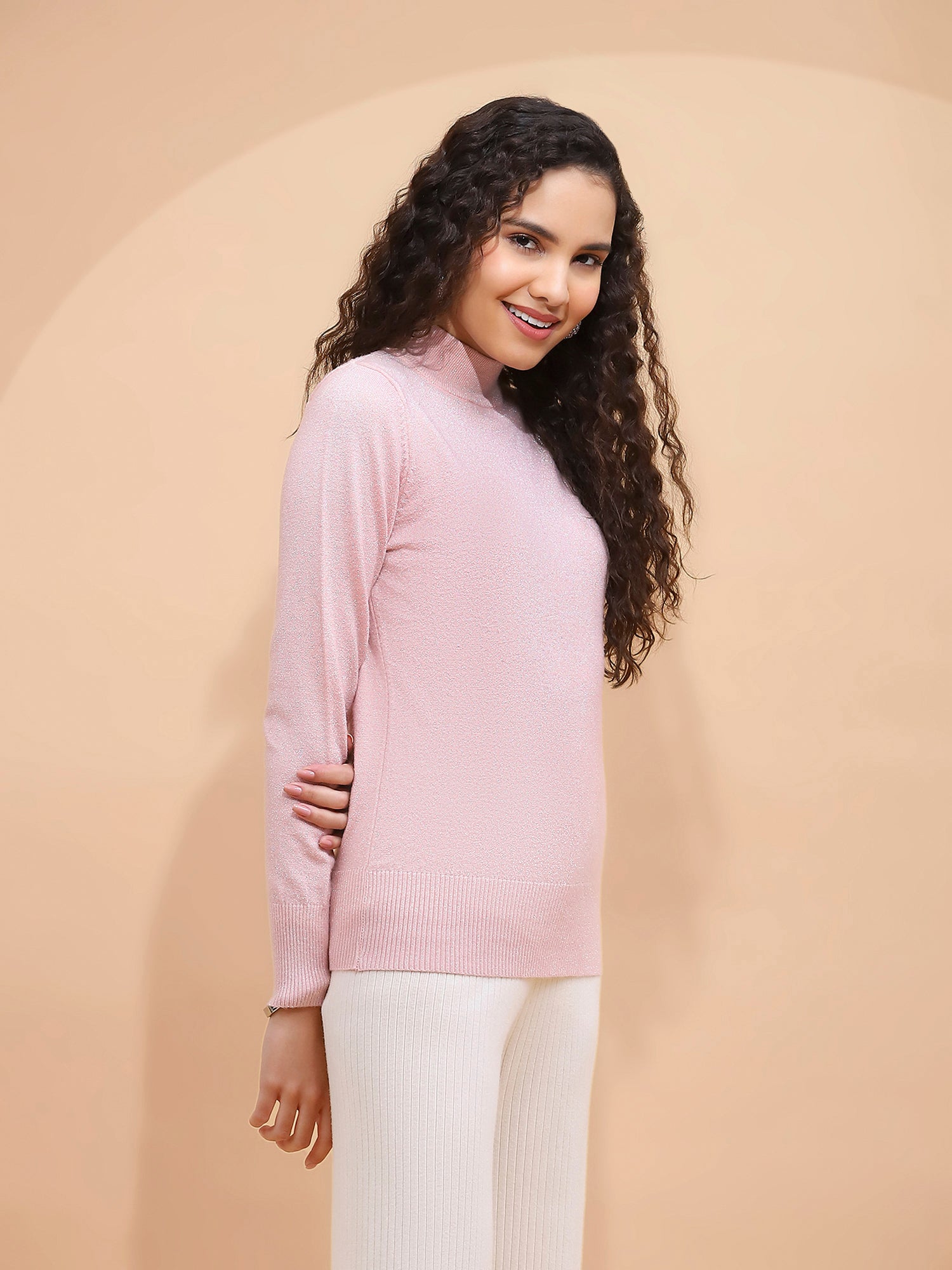 Women Pink Silver Turtle Neck Full Sleeve Snug Fit Skivvy