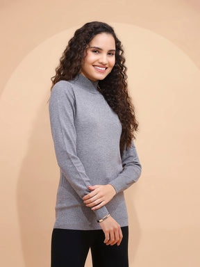 Women Grey And Silver Turtle Neck Full Sleeve Snug Fit Skivvy