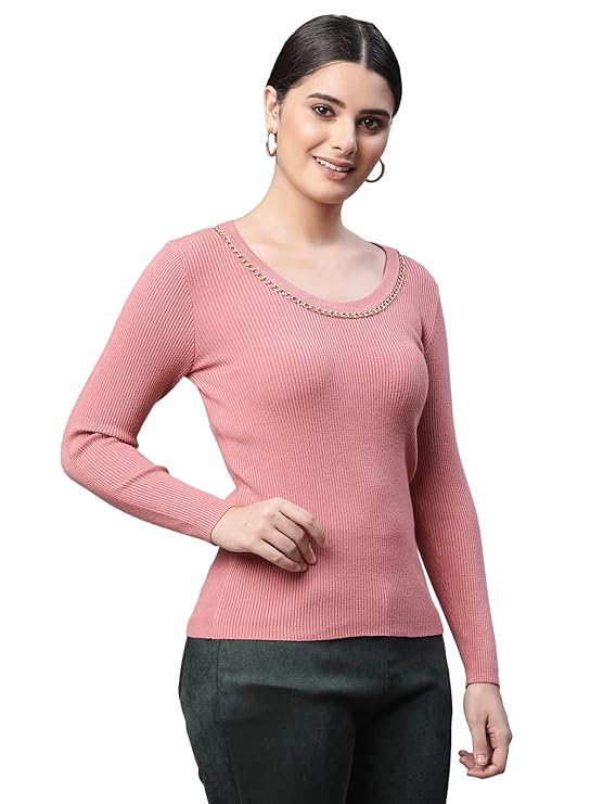 Women Round Neck Dark Pink Regular Fit Knitted Pullover