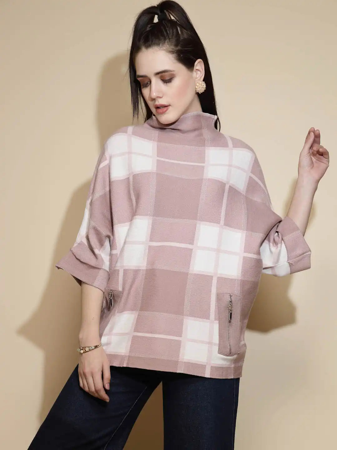 Pink Check Raglan Sleeve Turtle Neck Acrylic Pullover Sweater