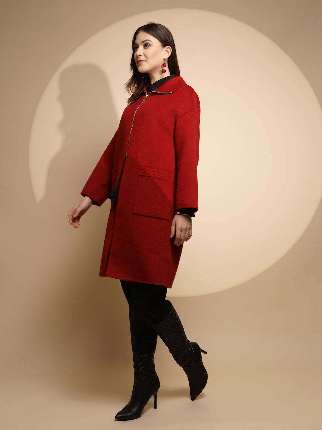 Women Red Solid Collared Neck Full Sleeve Woolen Long Coat