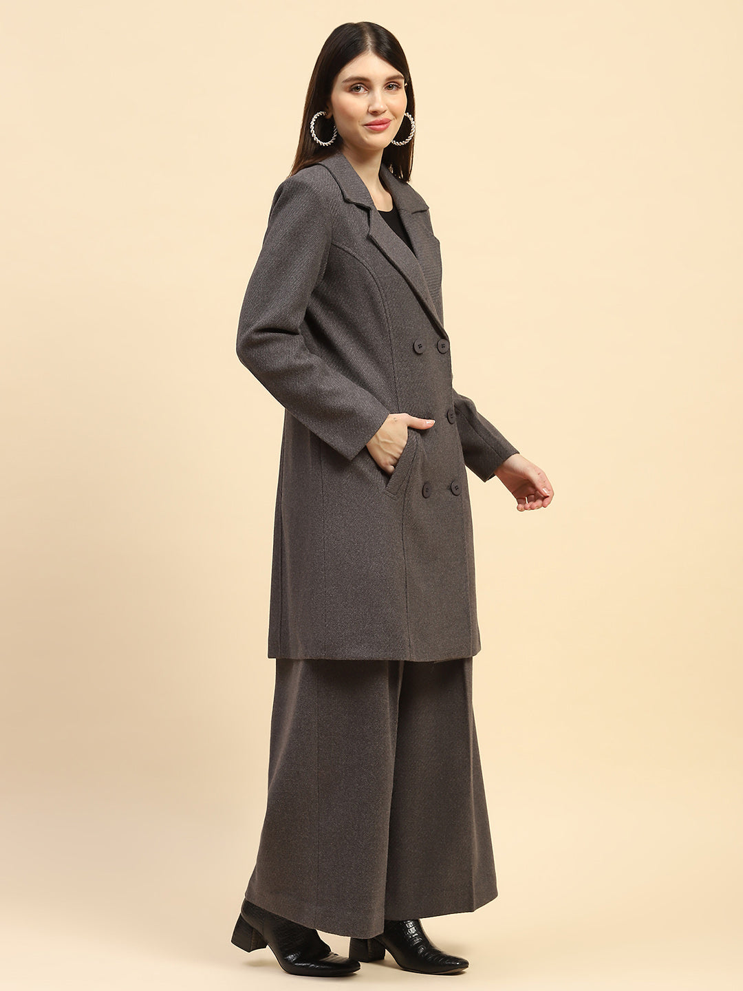 Dark Grey Solid Poly Viscose Relaxed Fit Coat With Trouser Winter Set