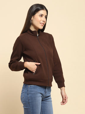 Coffee Brown Poly Blend Solid Relaxed Fit Sweat Shirt