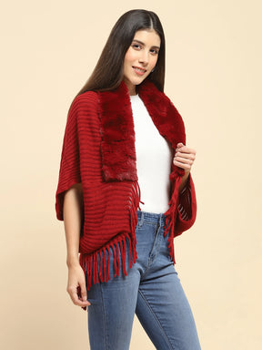 Maroon Acrylic Knitted Relaxed Fit Cape