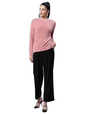 Women Pile knit Pink Woolen Regular Fit Casual Pullover