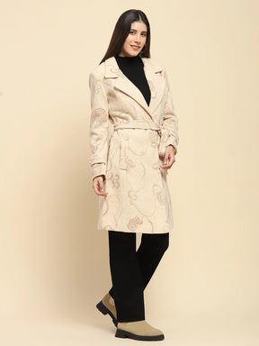 Beige Poly Acrylic Embroidered Relaxed Fit Long Coat For Winter