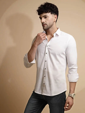 White Solid Full Sleeve Collared Neck Polyester Blend Shirt