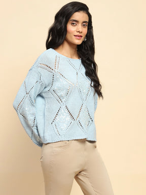 Blue Acrylic Relaxed Fit Pullover For Winter