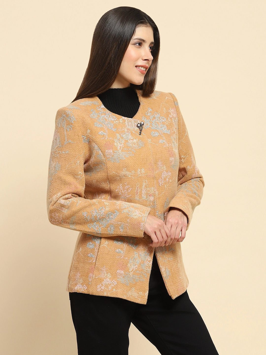 Tan Brown Poly Acrylic Thread Embroidered Regular Fit Coat For Winter