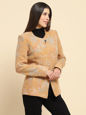 Tan Poly Acrylic Thread Embroidered Regular Fit Coat For Winter