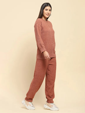 Brown Poly Blend Solid Relaxed Fit Lounge Wear For Winter