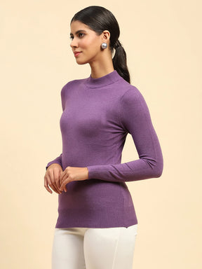 Mauve Solid Poly Blend High Neck Skivvy Pullover