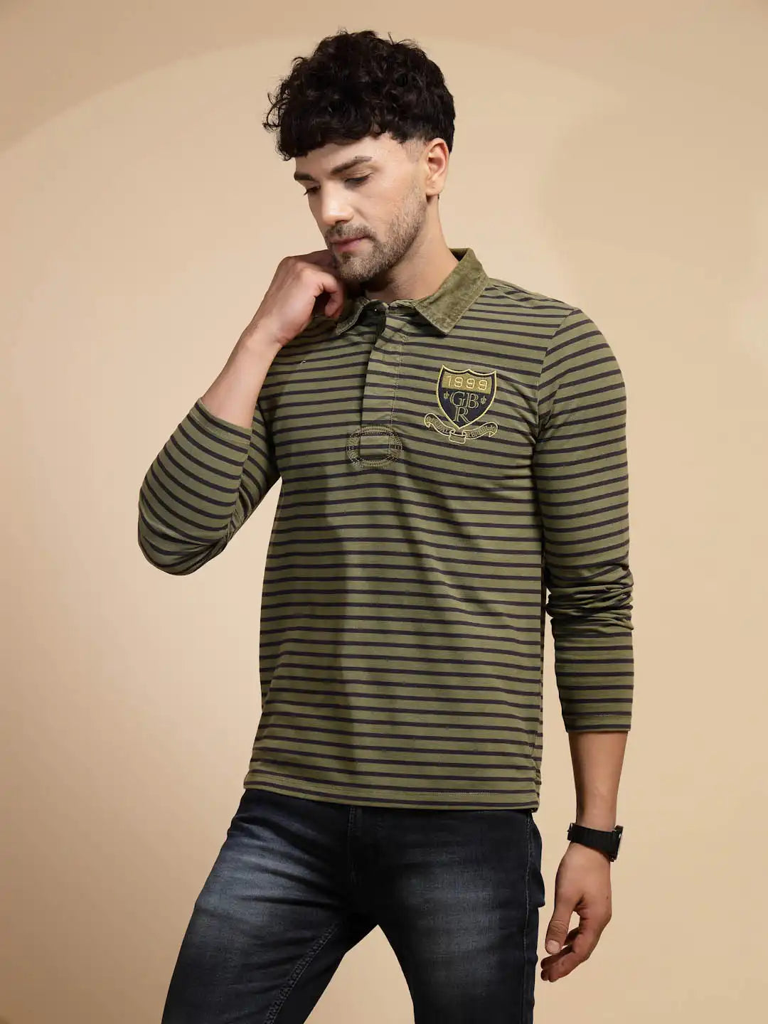 Olive Striped Three Fourth Sleeve T-Shirt