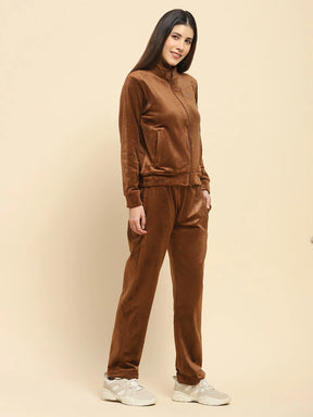 Brown Velvet Solid Relaxed Fit Night Suit Set For Winter