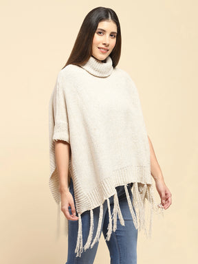 Beige Poly Blend Solid Knit Loose Fit Poncho