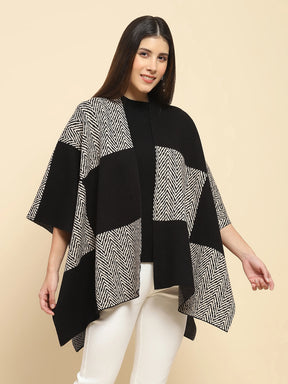 Black Poly Blend Color Block Loose Fit Winter Shrug