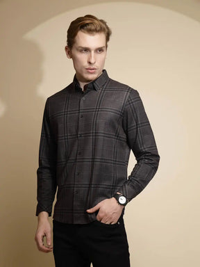 Dark Grey Checkered Full Sleeve Collared Neck Shirt
