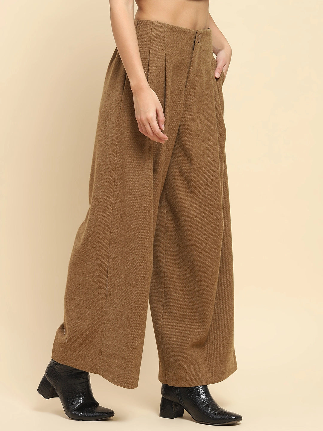 Brown Poly Viscose Stripes Textured  Loose Fit Trouser