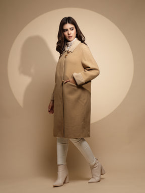 Women Beige Solid Collared Neck Full Sleeve Wool Coat