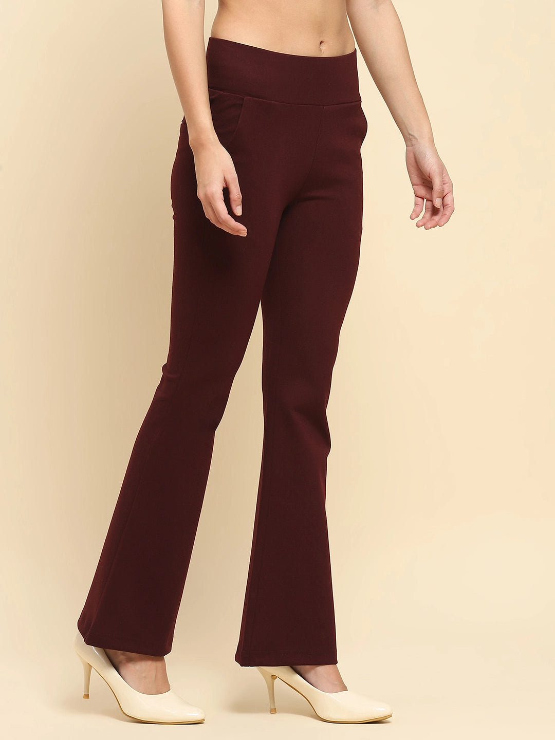 Wine Poly Blend Solid Bootcut Stretchable Slim Fit Trouser