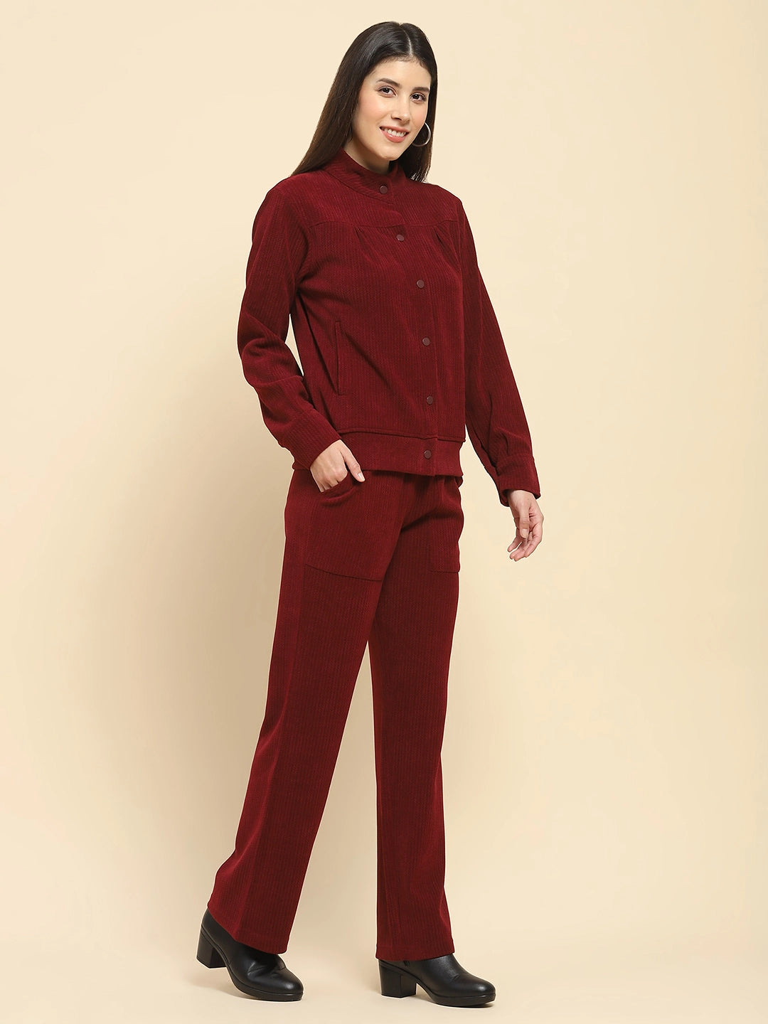 Burgundy Poly Blend Solid Relaxed Fit Co-Ord Sets