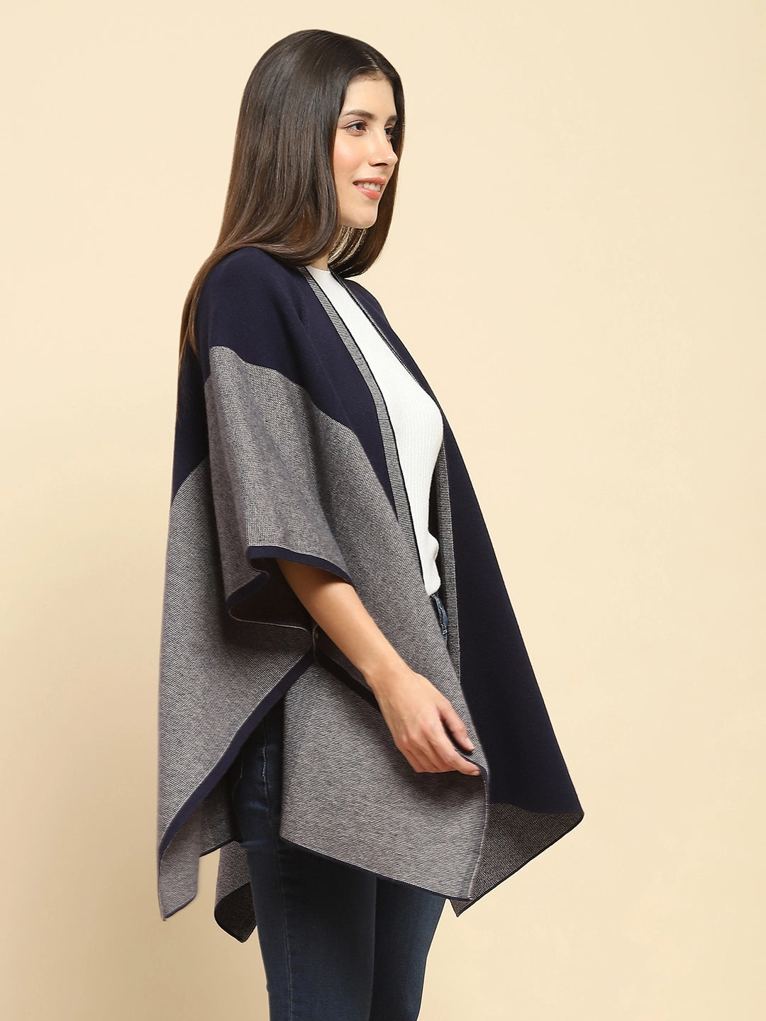 Navy Blue Poly Blend Printed Loose Fit Winter Shrug