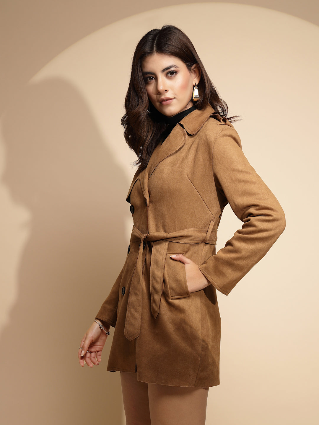 Women Brown Solid Collared Neck Full Sleeve Wool Blend Coat