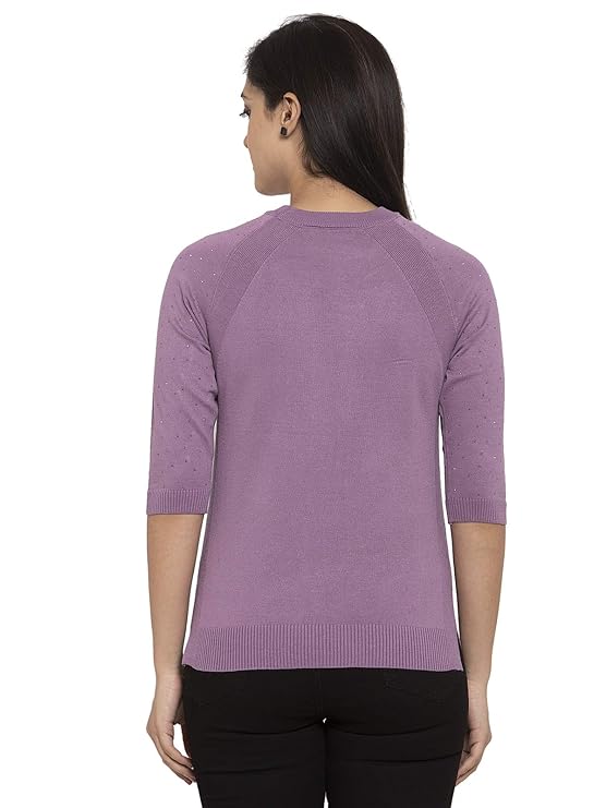 Women Purple Solid Round Neck Regular Print Pullover