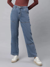 Women Blue Continuous Waistband Straight Leg High Rise Jeans