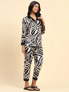 Black Zebra Print Poly Blend Relaxed Fit Night Suit