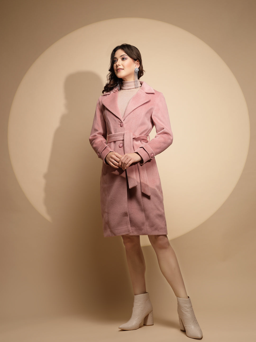 Women Dusty Pink Solid Collared Neck Full Sleeve Woolen Long Coat