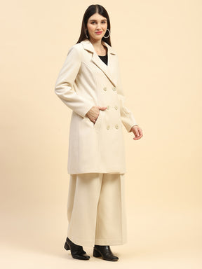 Cream Solid Poly Viscose Relaxed Fit Coat With Trouser Winter Set