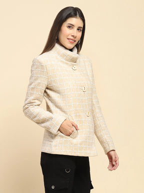 Natural Beige Poly Acrylic Checkered Regular Fit Coat For Winter