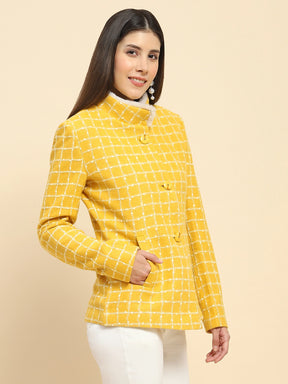 Mustard Poly Acrylic Checkered Regular Fit Coat For Winter