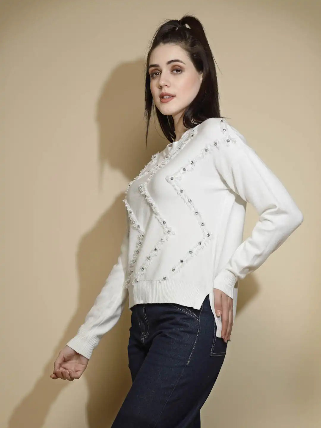 White Embellished Full Sleeve Round Neck Pullover Sweater