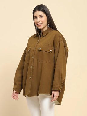 Brown Cotton Oversized Solid Shacket With Fleece Lining For Winter