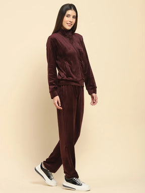 Burgundy Velvet Solid Relaxed Fit Night Suit Set For Winter