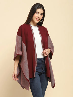 Maroon Poly Blend Printed Loose Fit Winter Shrug