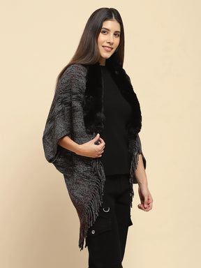 Black Mélange Acrylic Knitted Relaxed Fit Cape