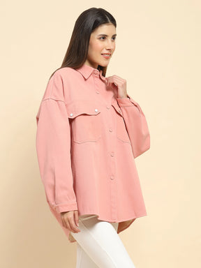 Pink Cotton Solid Oversized Shacket With Fleece Lining For Winter