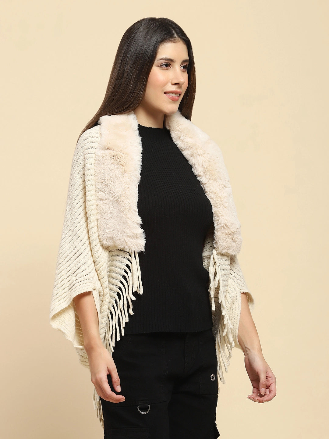 Off White Acrylic Knitted Relaxed Fit Cape