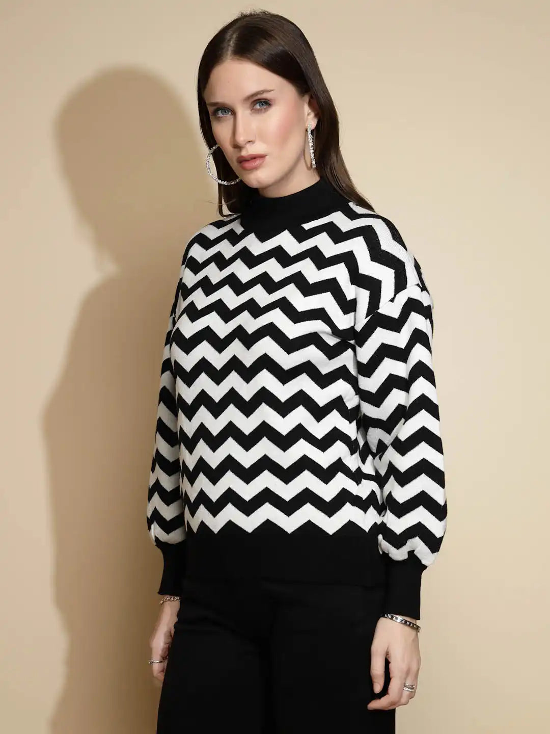 Black Geometric print Full Sleeve Turtle Neck Acrylic Pullover Sweater