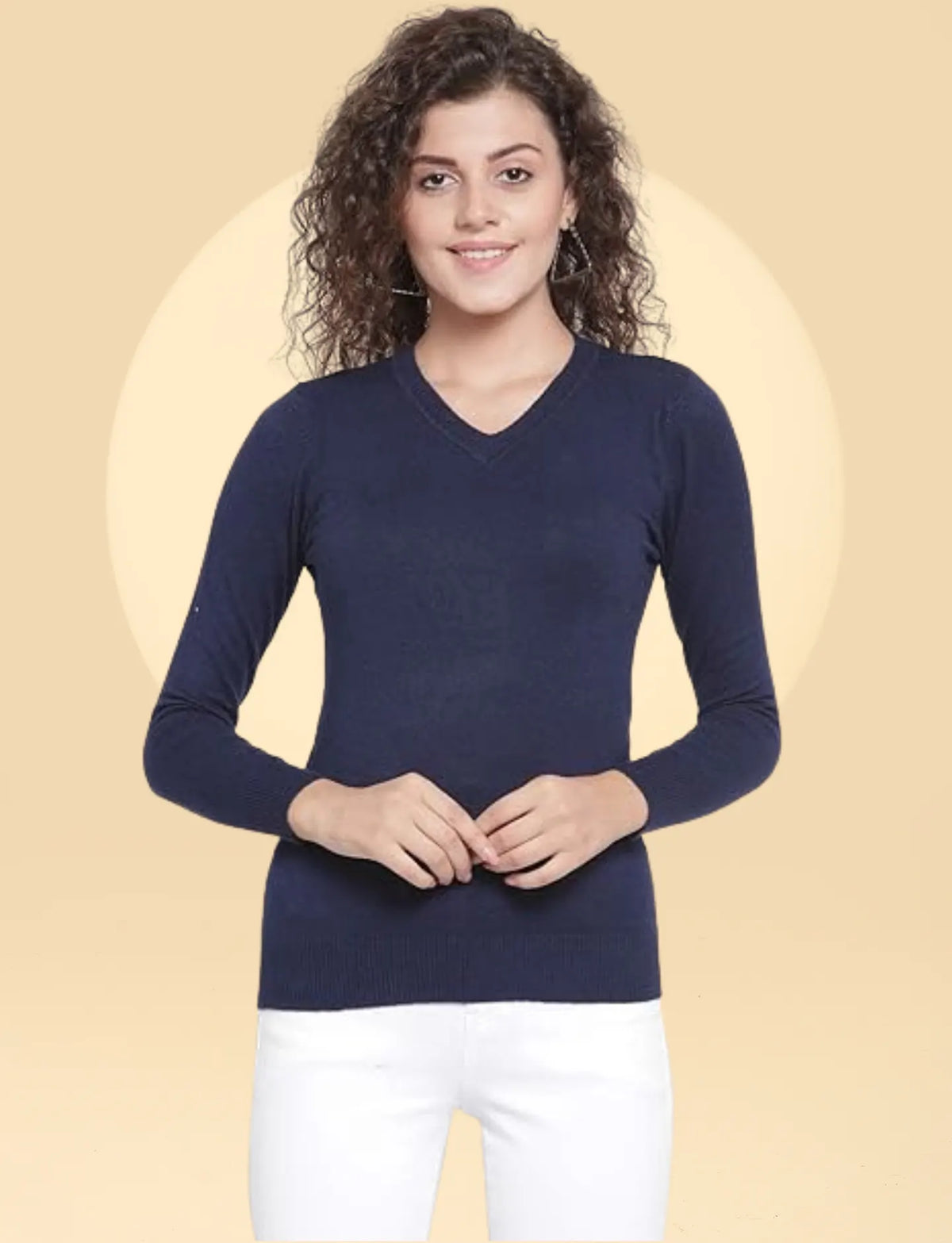 Women Navy Blue V-Neck Slim Fit Skivvy