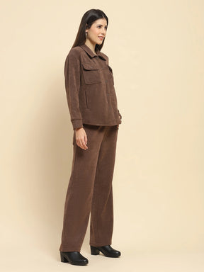 Brown Poly Blend Solid Relaxed Fit Co-Ord Sets