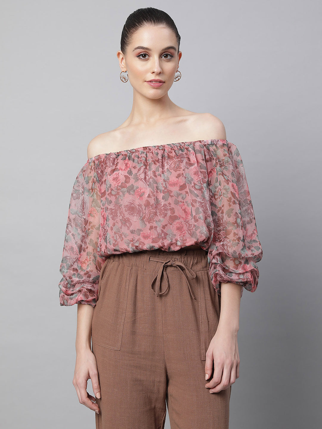 Women Off-Shoulder Printed Cropped  Blouson Top