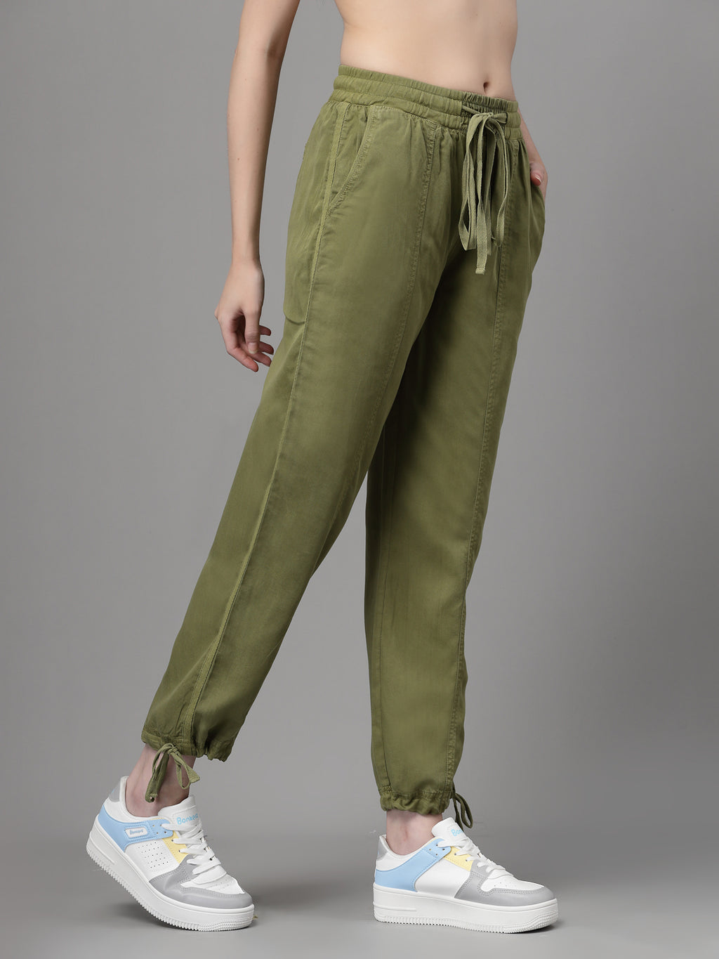 Women Olive Tencel Solid Lower