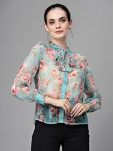 Women Jabot Collar Neck Printed Aqua Shirt