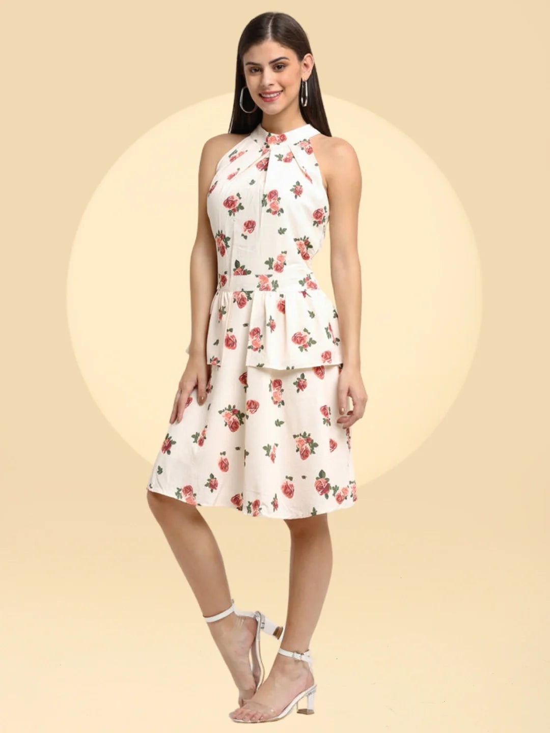 Women Halter-Neck Floral Printed Layered White Dress