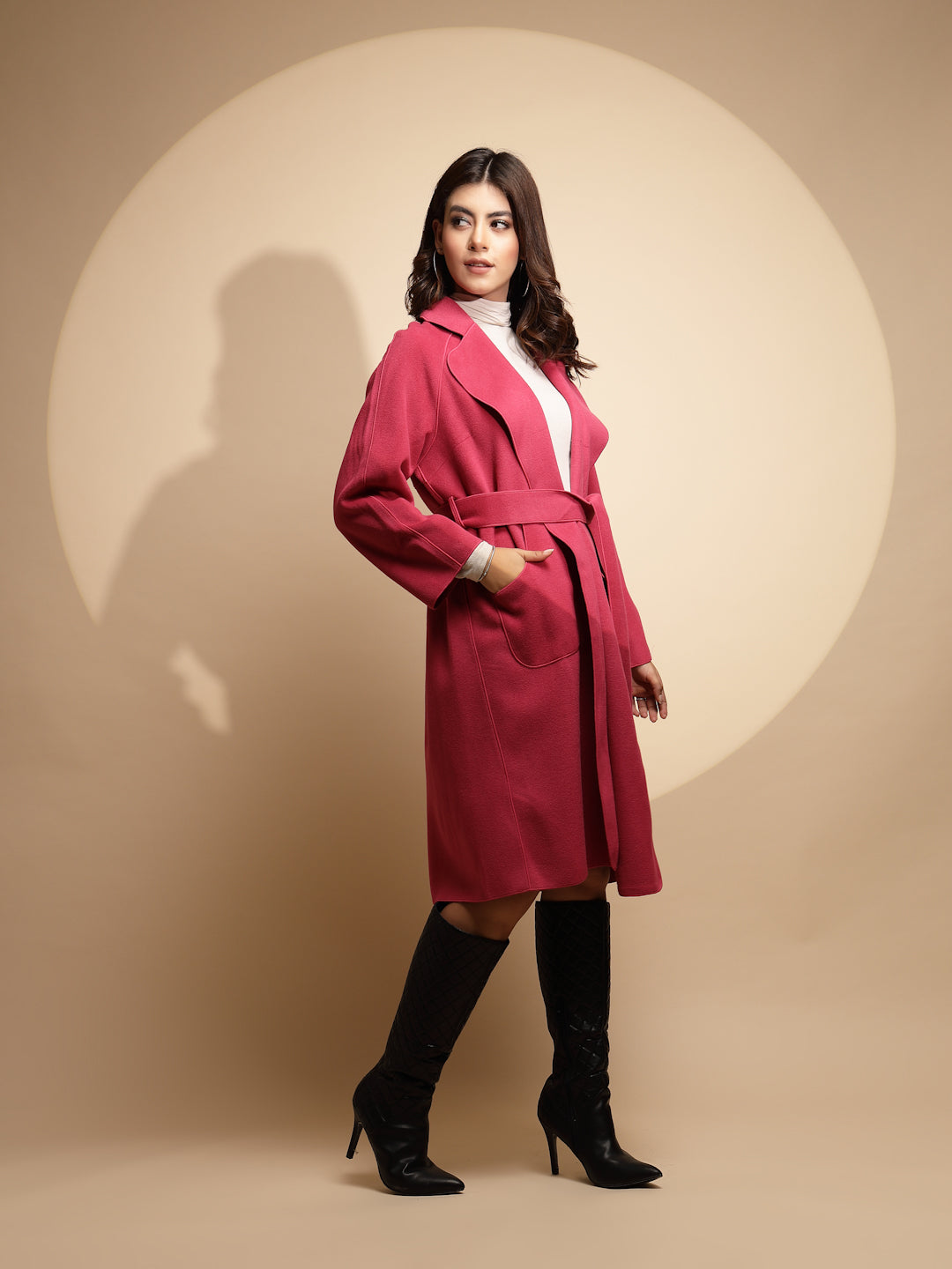 Women Pink Solid Collared Neck Full Sleeve Suede Long Wrap Coat